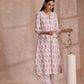trueBrowns Pink Green Buta On White Block Print Cotton Slit Kurta Pant Set | Swadesiicart