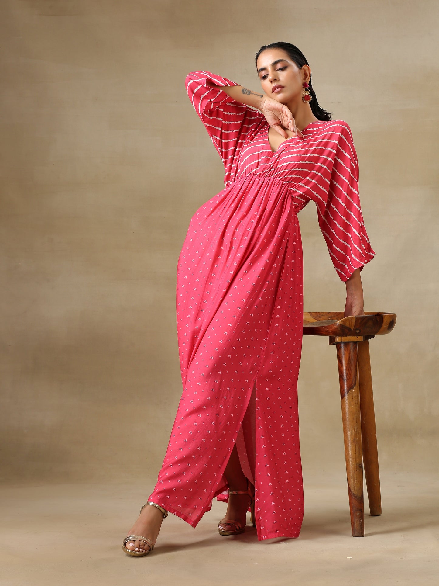 trueBrowns Pink Bandhani Printed Silk Drop Shoulder Dress | Swadesiicart