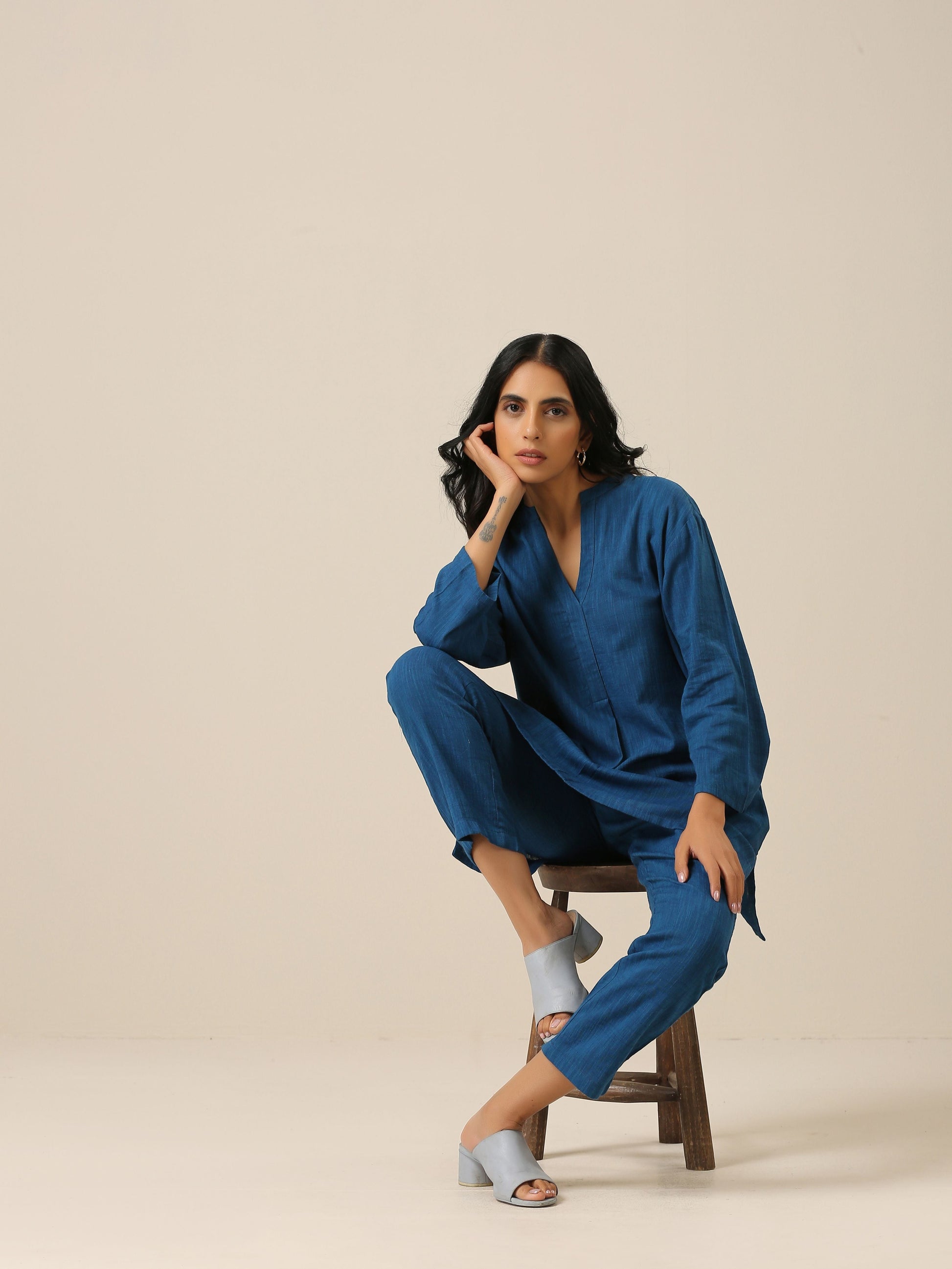 trueBrowns Classic Blue Slub Texture Relax Fit Co-Ord Set - Swadesiicart