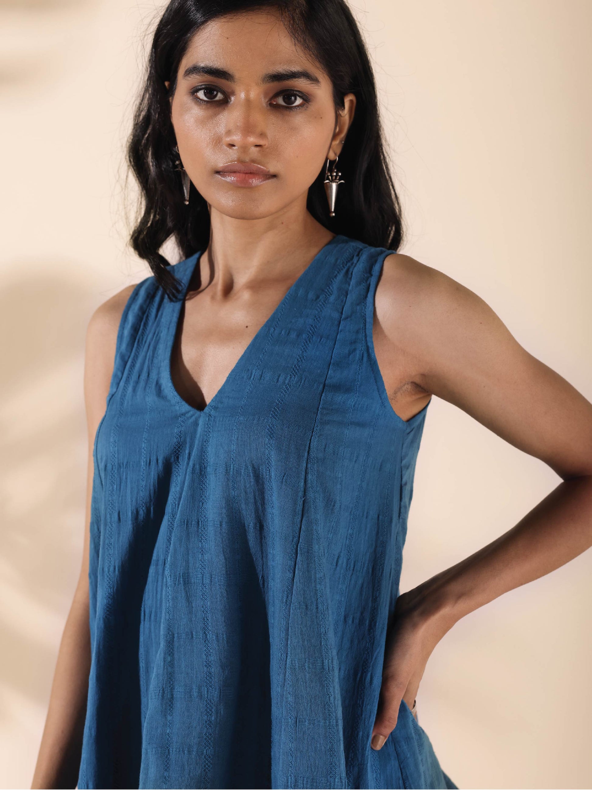 trueBrowns Blue Cotton Dobby Flared Co-ord Set - Swadesiicart