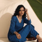trueBrowns Blue Cotton Dobby Flared Kurta Pant Set | Swadesiicart