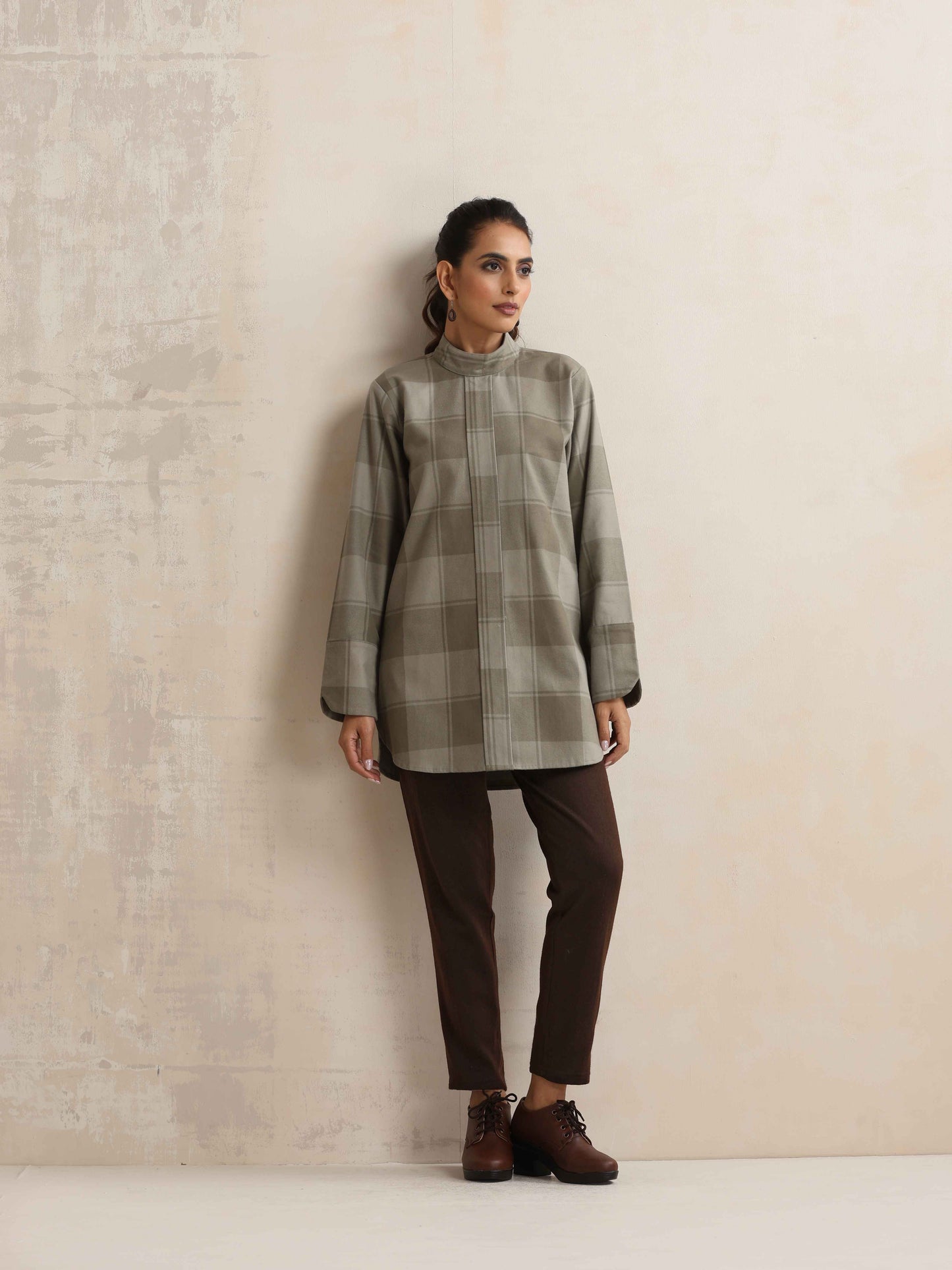 trueBrowns Green Check High Neck Winter Top | Swadesiicart