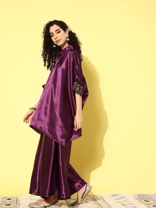 InWeave Women's Wine Navy Brocade Satin Boho Kurta Palazzo Set - Swadesiicart