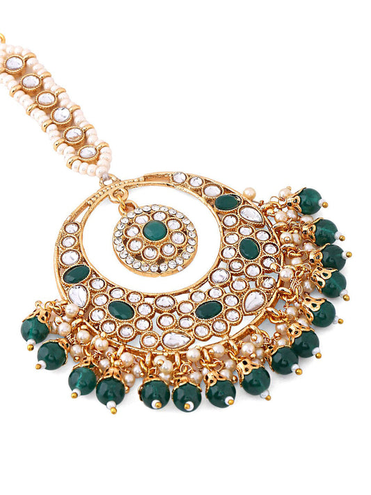 Yellow Chimes Gold-Polished White & Green Kundan-Studded & Beaded Maang Tikka | Swadesiicart