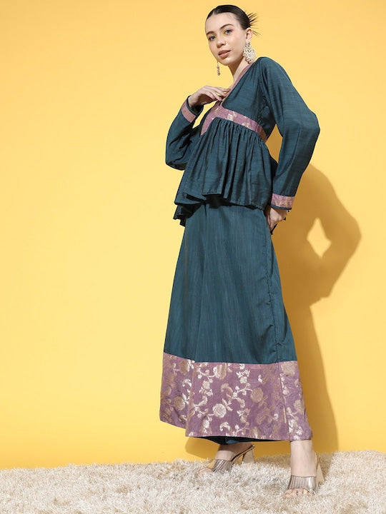 InWeave Women's Teal Mauve Brocade Mughal Shaan Kurta Palazzo Set - Swadesiicart