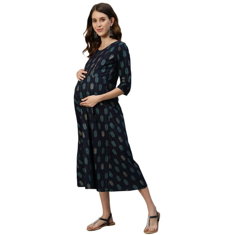 Anubhutee Women's Rayon Knee-Length Ethnic Motifs Maternity A-Line Navy Blue Midi Dress | Swadesiicart