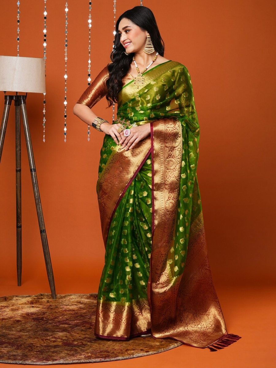 Anouk Green Paisley Woven Design Zari Organza Banarasi Saree | Swadesiicart