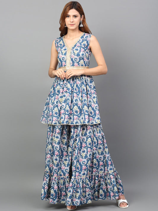 Kalini Floral Printed Empire Pure Cotton Kurta with Sharara | Swadesiicart