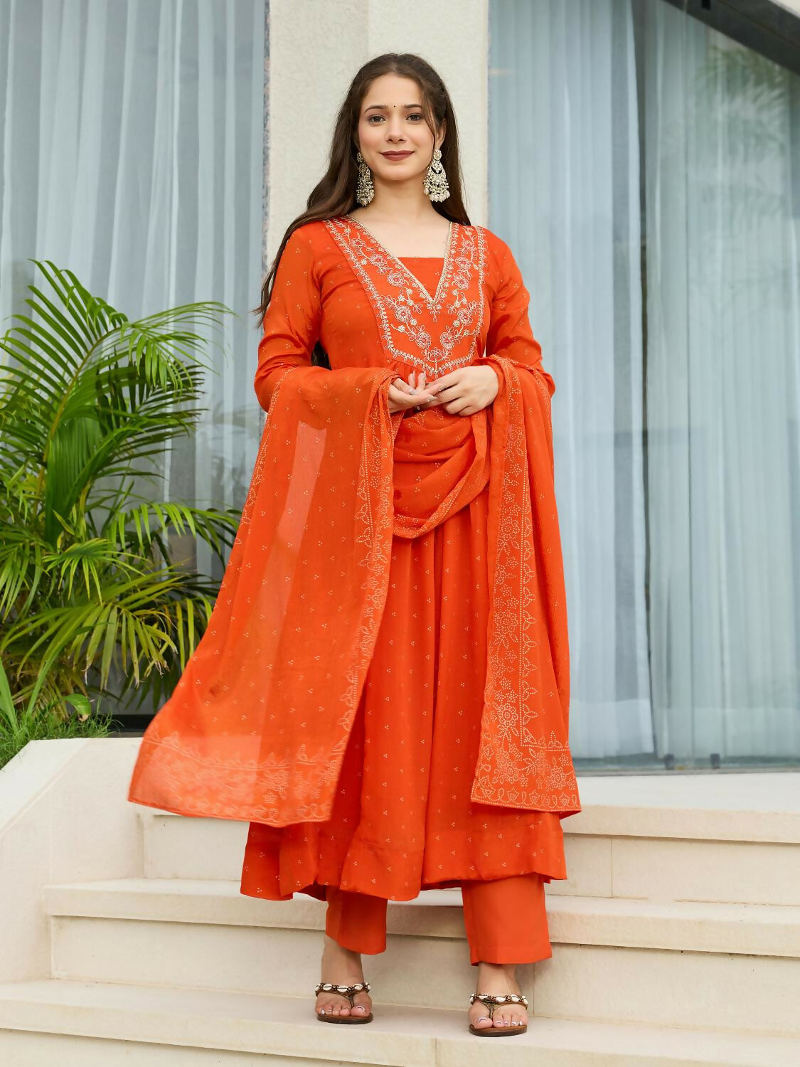 The52 Orange Women's Gorgeous Embroidered Chinon Fabric Flared Kurta Pant and Dupatta Set - Swadesiicart