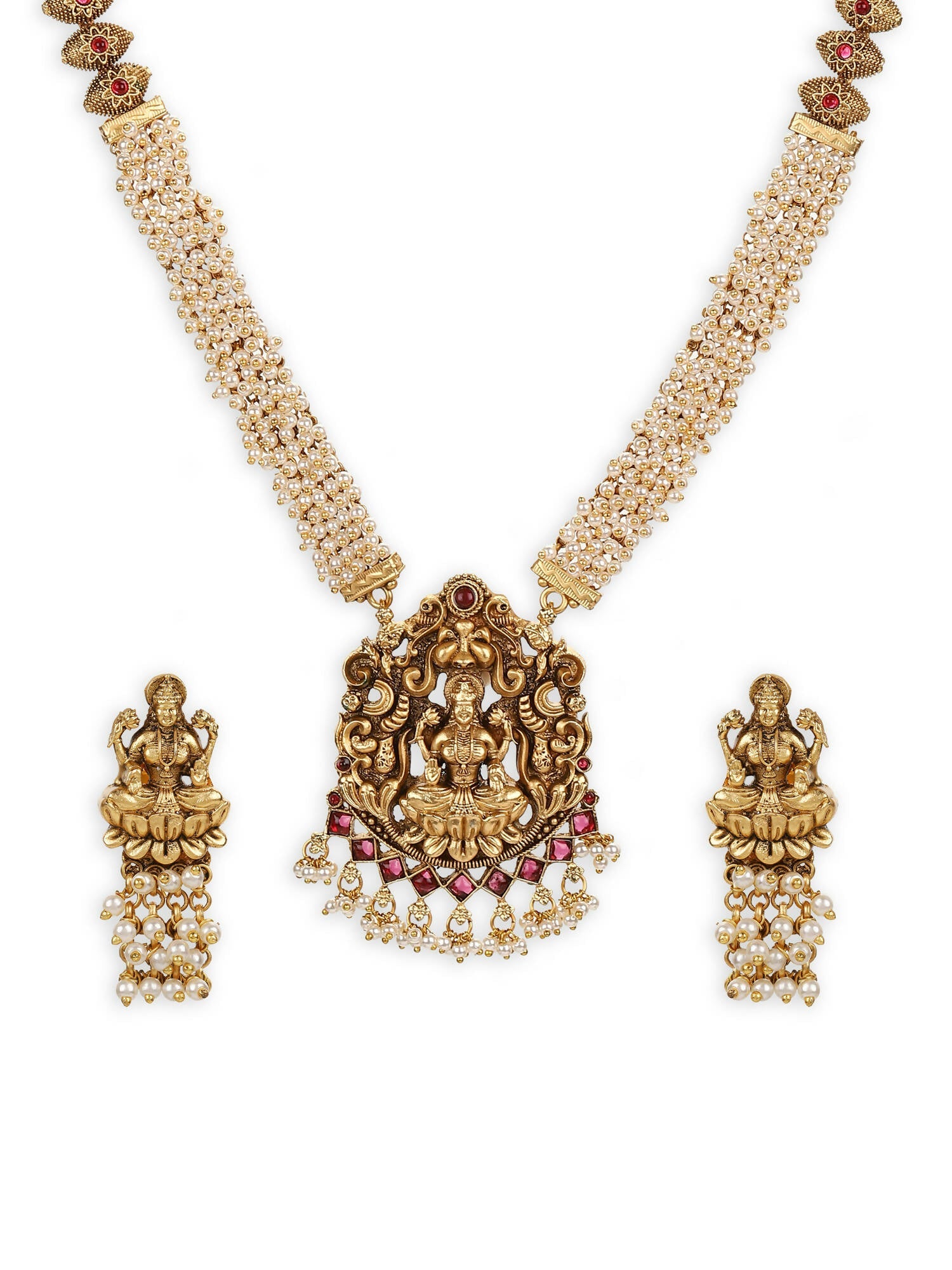 Gold-Polished Pink White Stones-Studded Beaded Jewellery Set - Ruby Raang - Swadesiicart