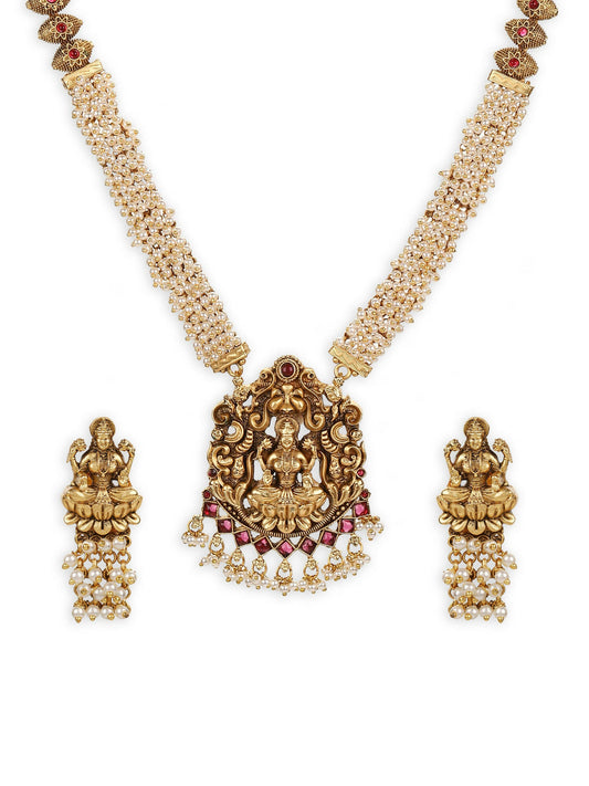 Gold-Polished Pink White Stones-Studded Beaded Jewellery Set - Ruby Raang - Swadesiicart