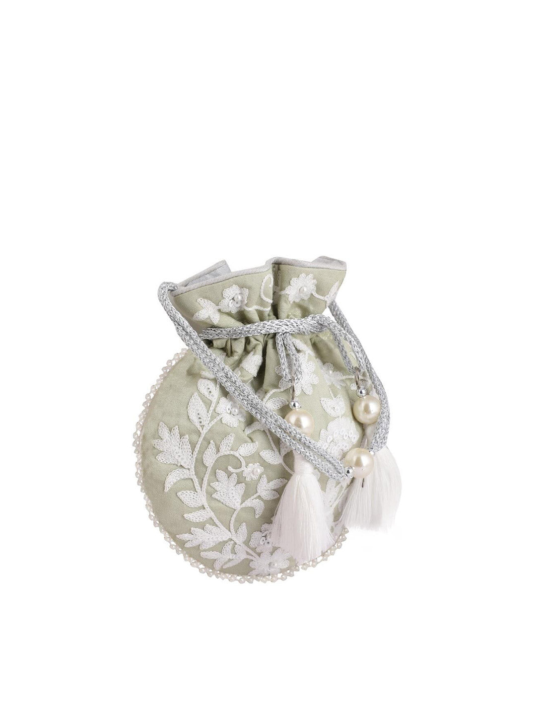 Masq Green & White Embellished Embroidered Potli Clutch - Swadesiicart