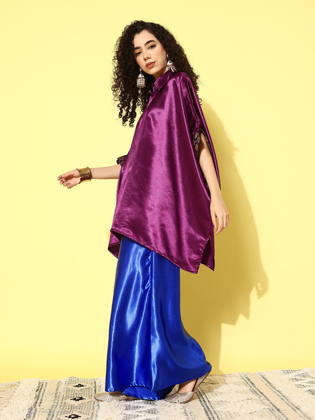 InWeave Women's Wine Navy Brocade Satin Boho Blue Palazzo Set - Swadesiicart