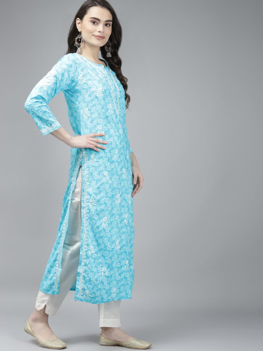 ADA Women Blue & White Floral Chikankari Cotton Handloom Kurta | Swadesiicart