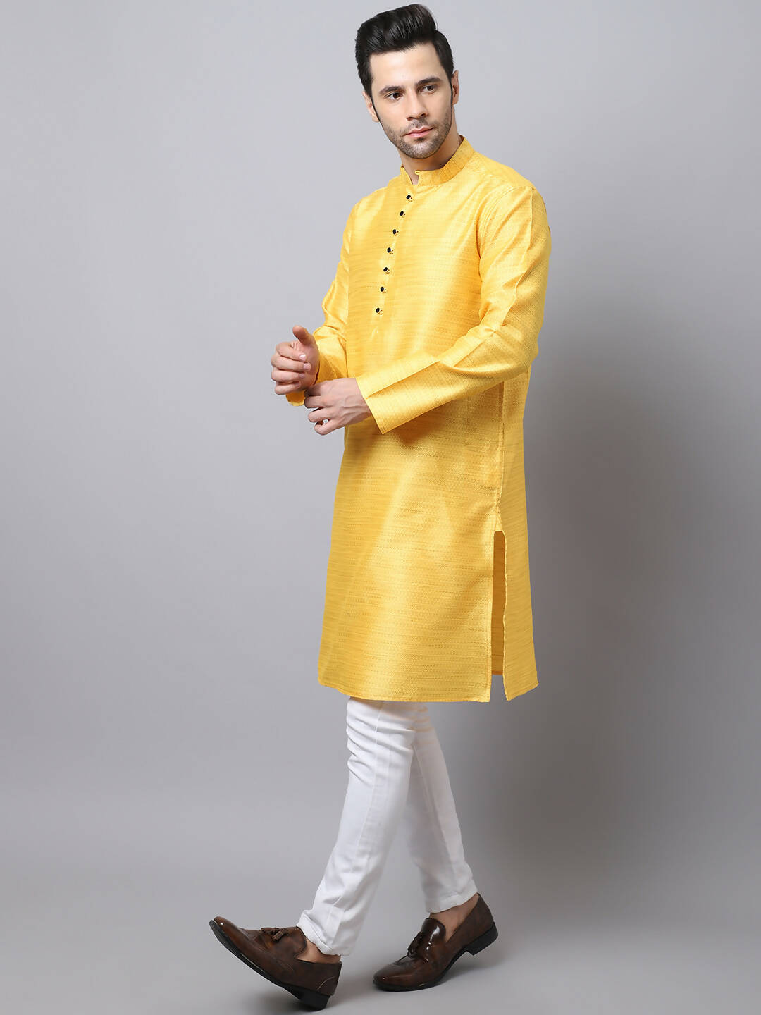 Even Apparels Yellow Pure Cotton Men's Kurta With Band Collar (SLK1187) | Swadesiicart