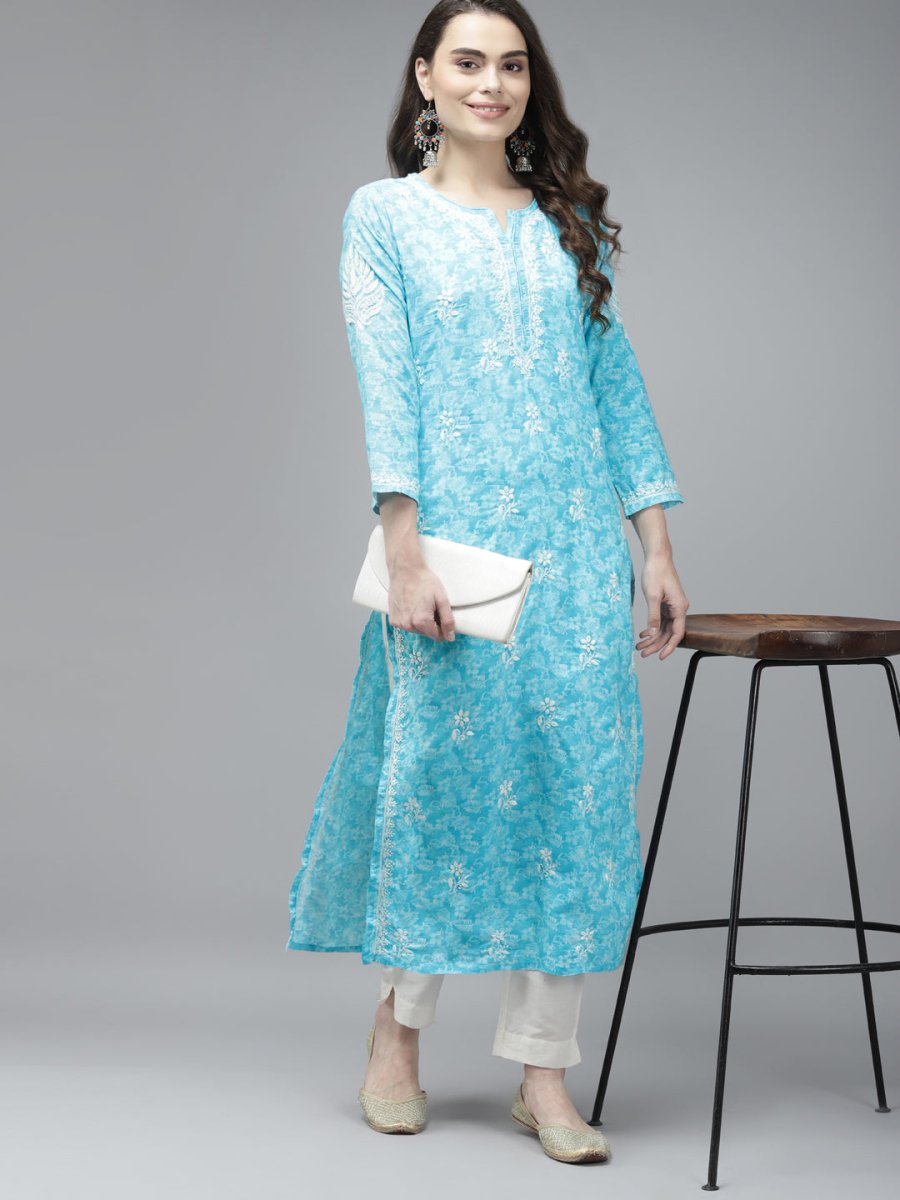ADA Women Blue & White Floral Chikankari Cotton Handloom Kurta | Swadesiicart