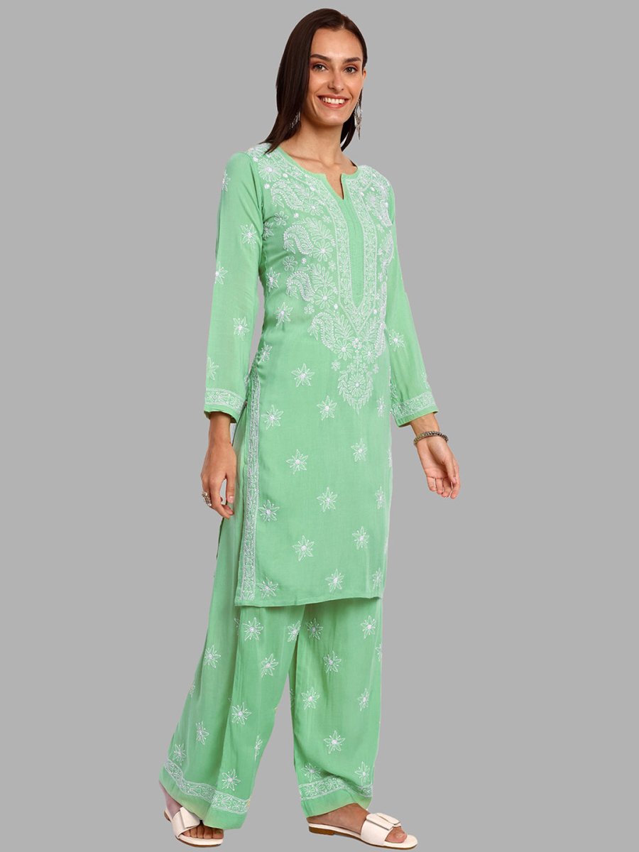 ADA Floral Embroidered Long Sleeves Regular Lucknowi Chikankari Kurta With Palazzos | Swadesiicart
