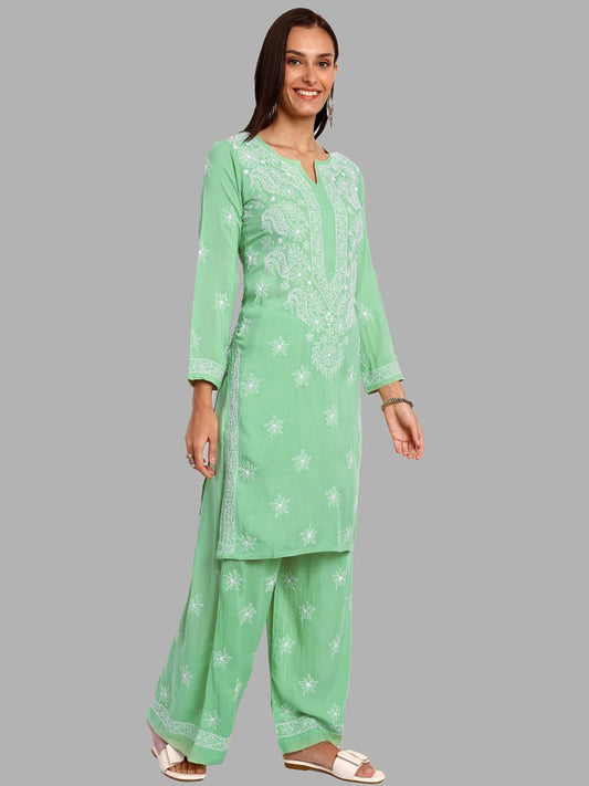 ADA Floral Embroidered Long Sleeves Regular Lucknowi Chikankari Kurta With Palazzos | Swadesiicart