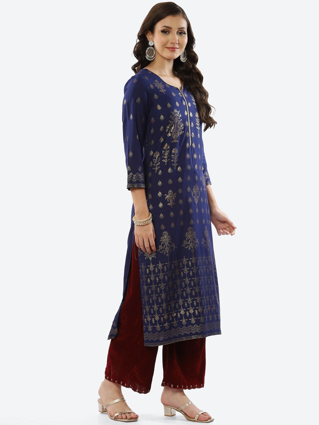 Biba Women Blue Ethnic Motifs Printed Rayon Kurta - Swadesiicart