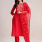 Aavyora Women's Red Embroidered Roman Silk Kurta, Palazzo & Organza Dupatta Set