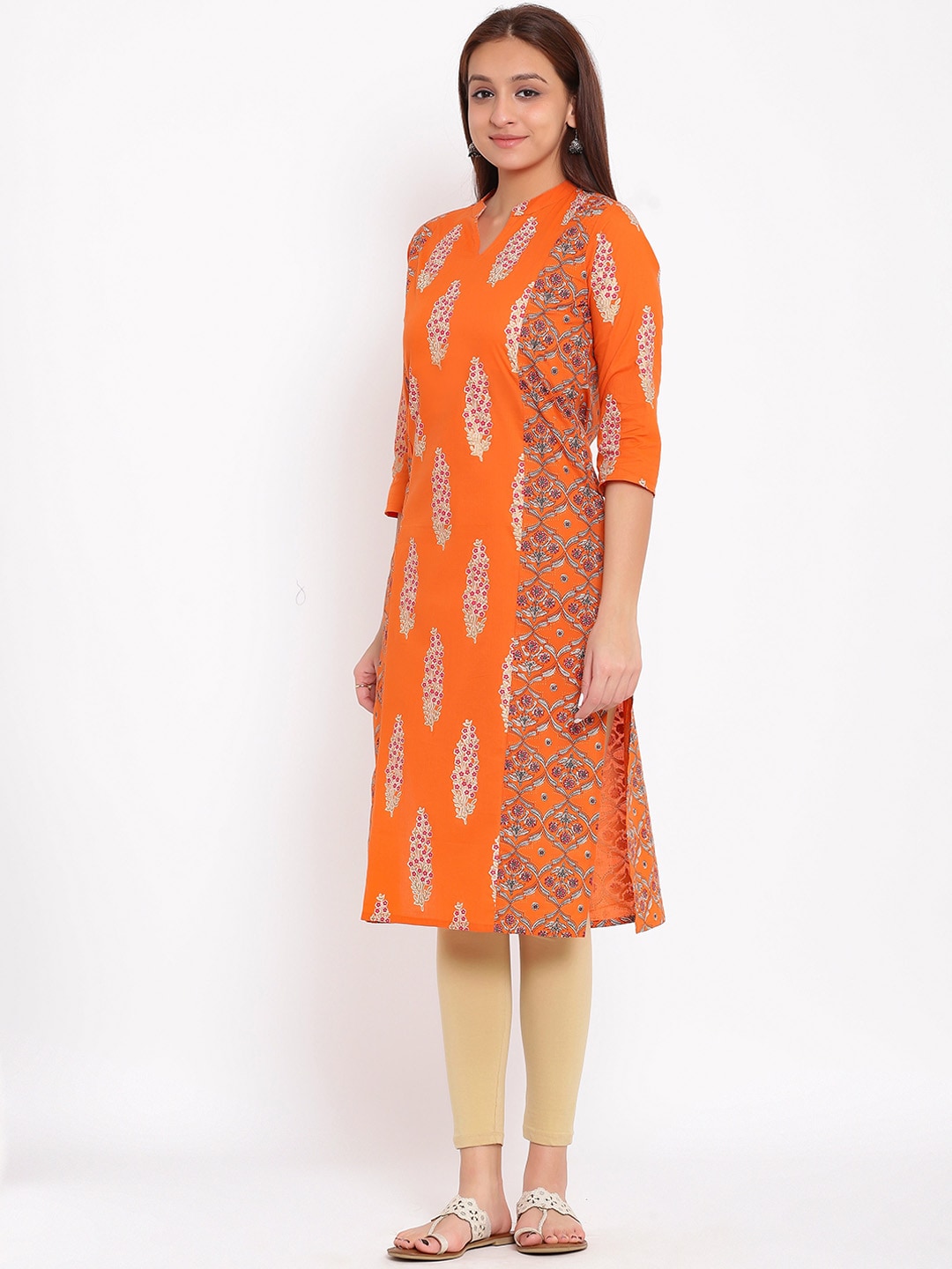 HERE&NOW Orange & White Ethnic Motifs Printed Straight Kurta - Swadesiicart