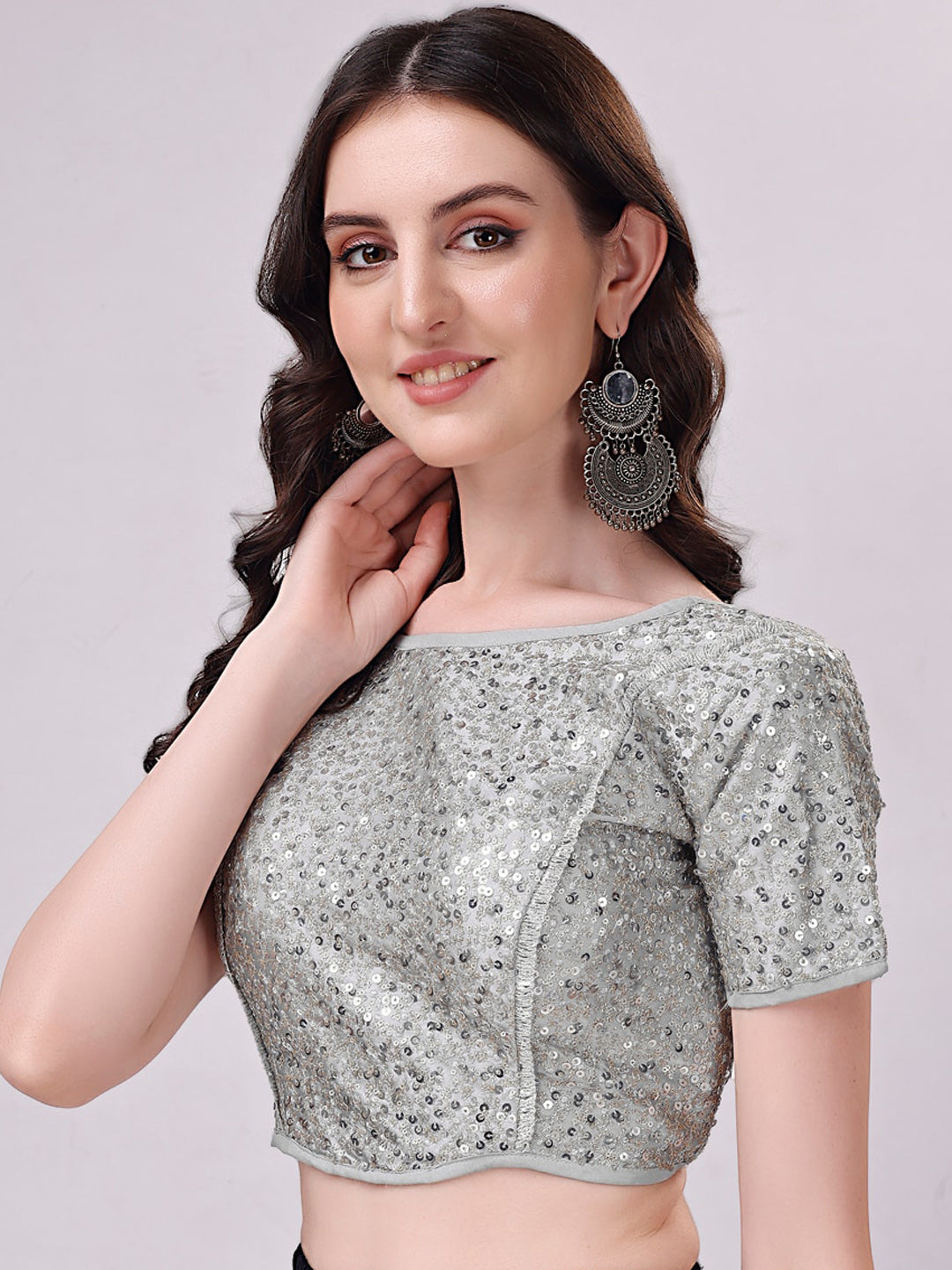 Tikhi Imli Grey Embellished Boat Neck Sequinned Detailed Saree Blouse | Swadesiicart
