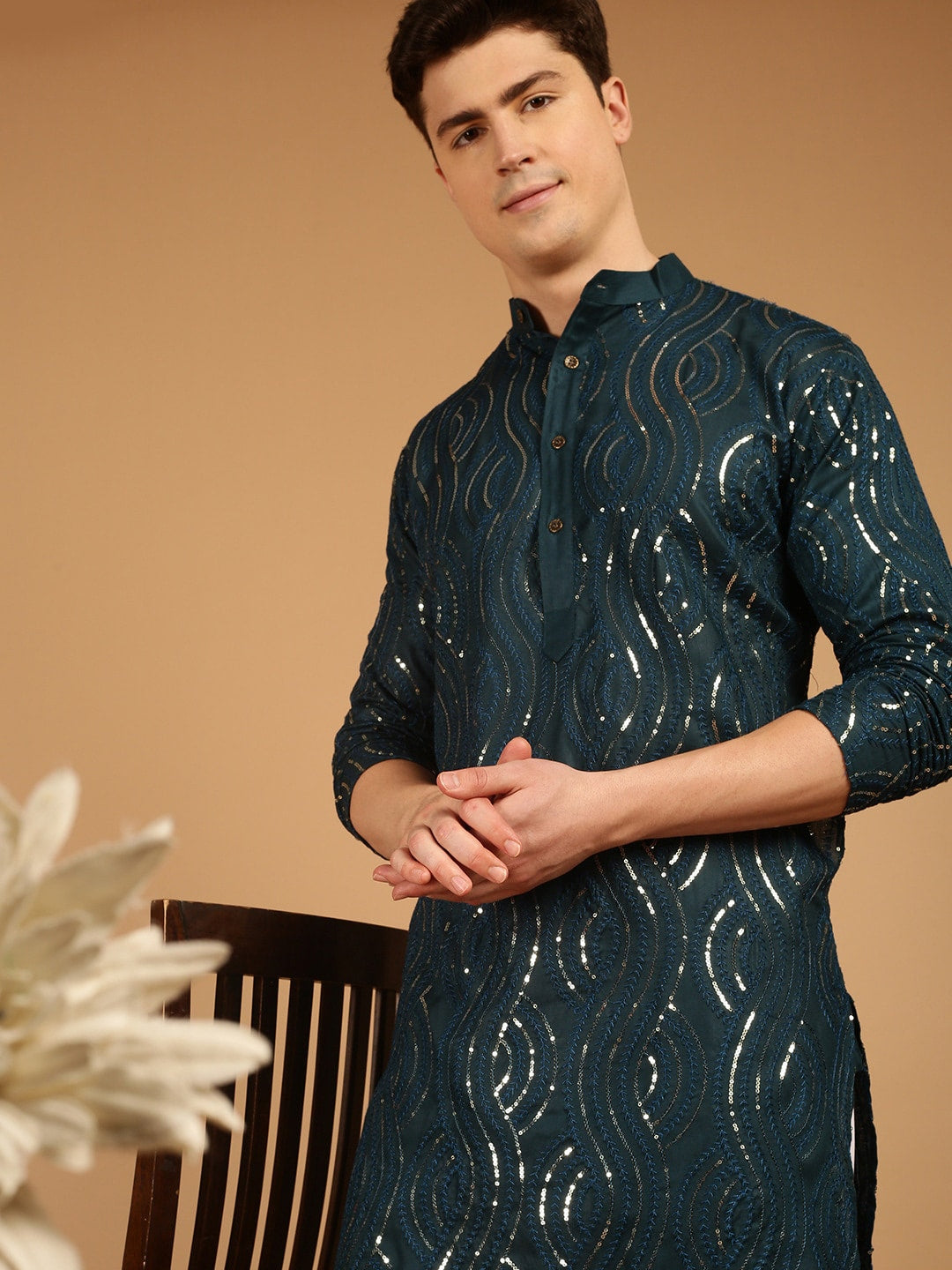 Sojanya Ethnic Motif Embroidered Band Collar Sequinned Pure Cotton Kurta | Swadesiicart