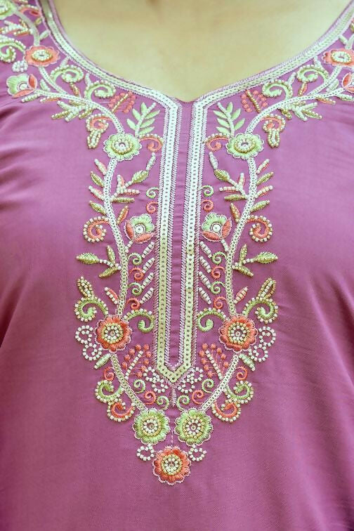 The52 Purple Women's Beautiful Embroidered Viscose Chanderi Silk Fabric with Straight Kurta, Pant and Dupatta Set - Swadesiicart
