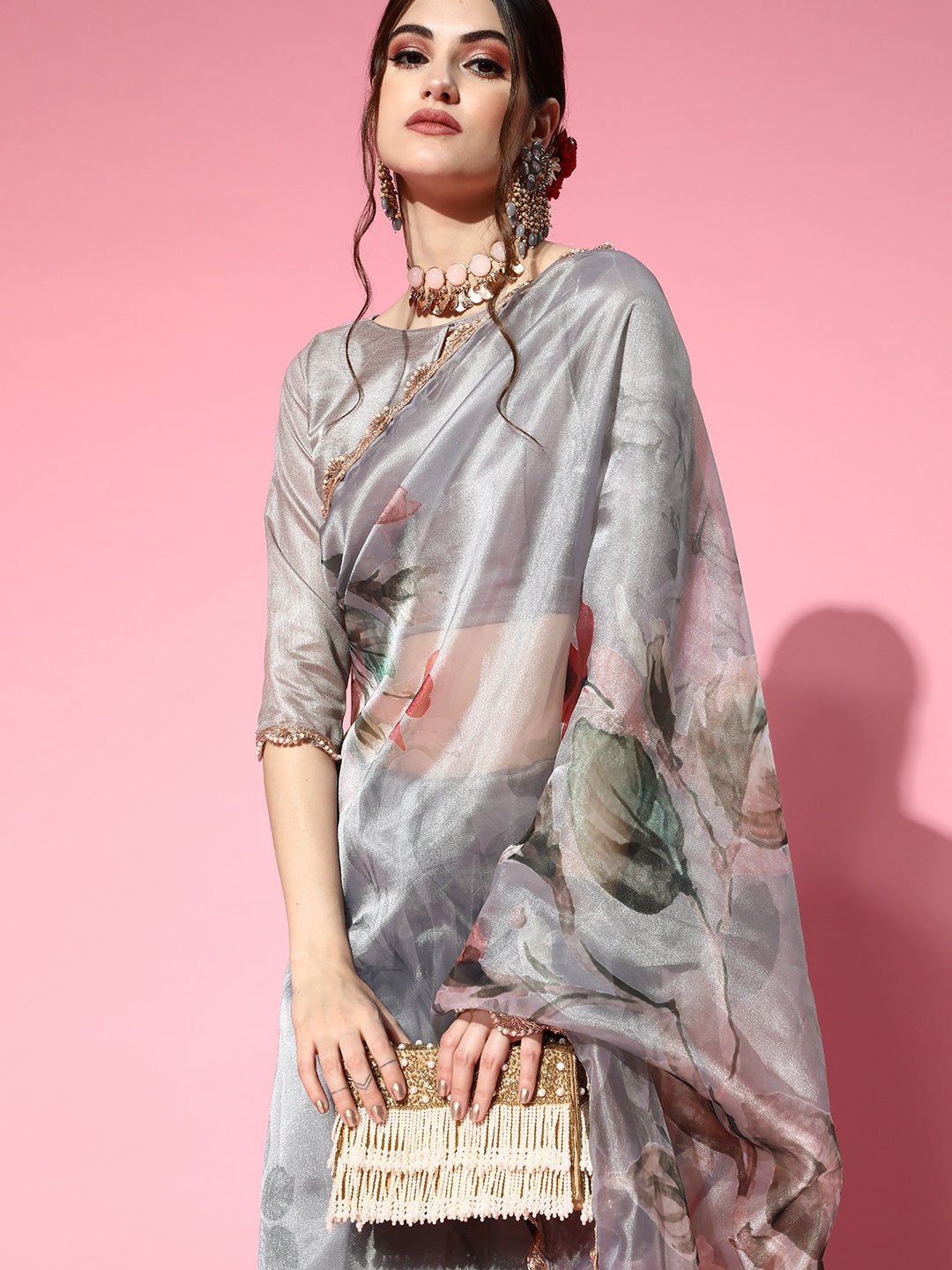 Tikhi Imli Grey Saree with Zari border | Swadesiicart