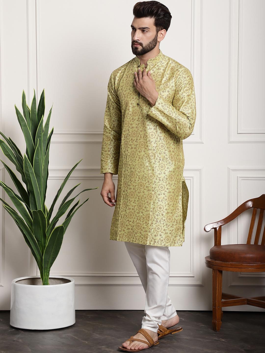 Sojanya Men Lime Green Ethnic Motifs Printed Kurta with Pyjamas & Nehru Jacket | Swadesiicart