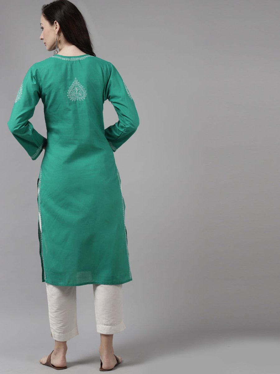 ADA Women Green & White Ethnic Motifs Hand Embroidered Chikankari Handloom Kurta | Swadesiicart