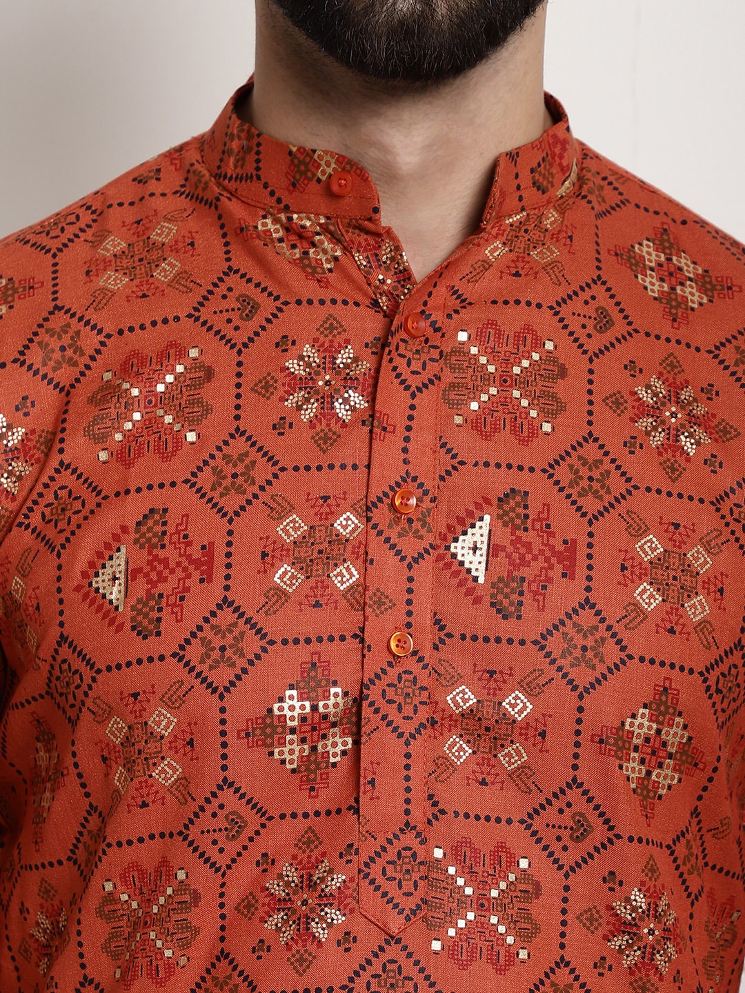 Sojanya Men Orange Printed Cotton Linen Kurta with Churidar | Swadesiicart