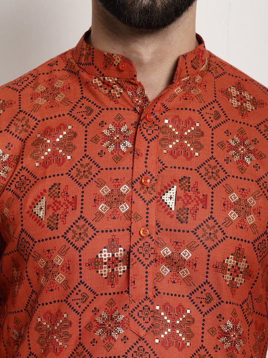 Sojanya Men Orange Printed Cotton Linen Kurta with Churidar | Swadesiicart