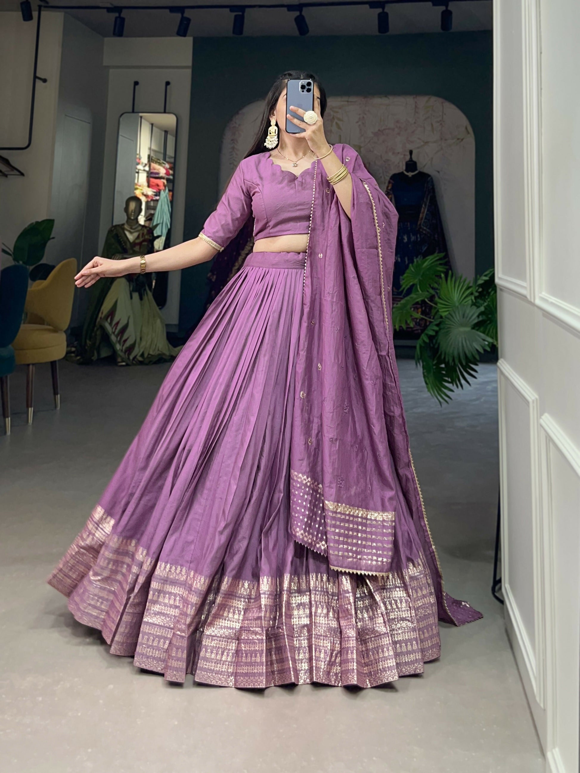 Lorenvalley Lavender Pure Chanderi Plain With Zari Weaving Work Border Lehenga Choli | Swadesiicart