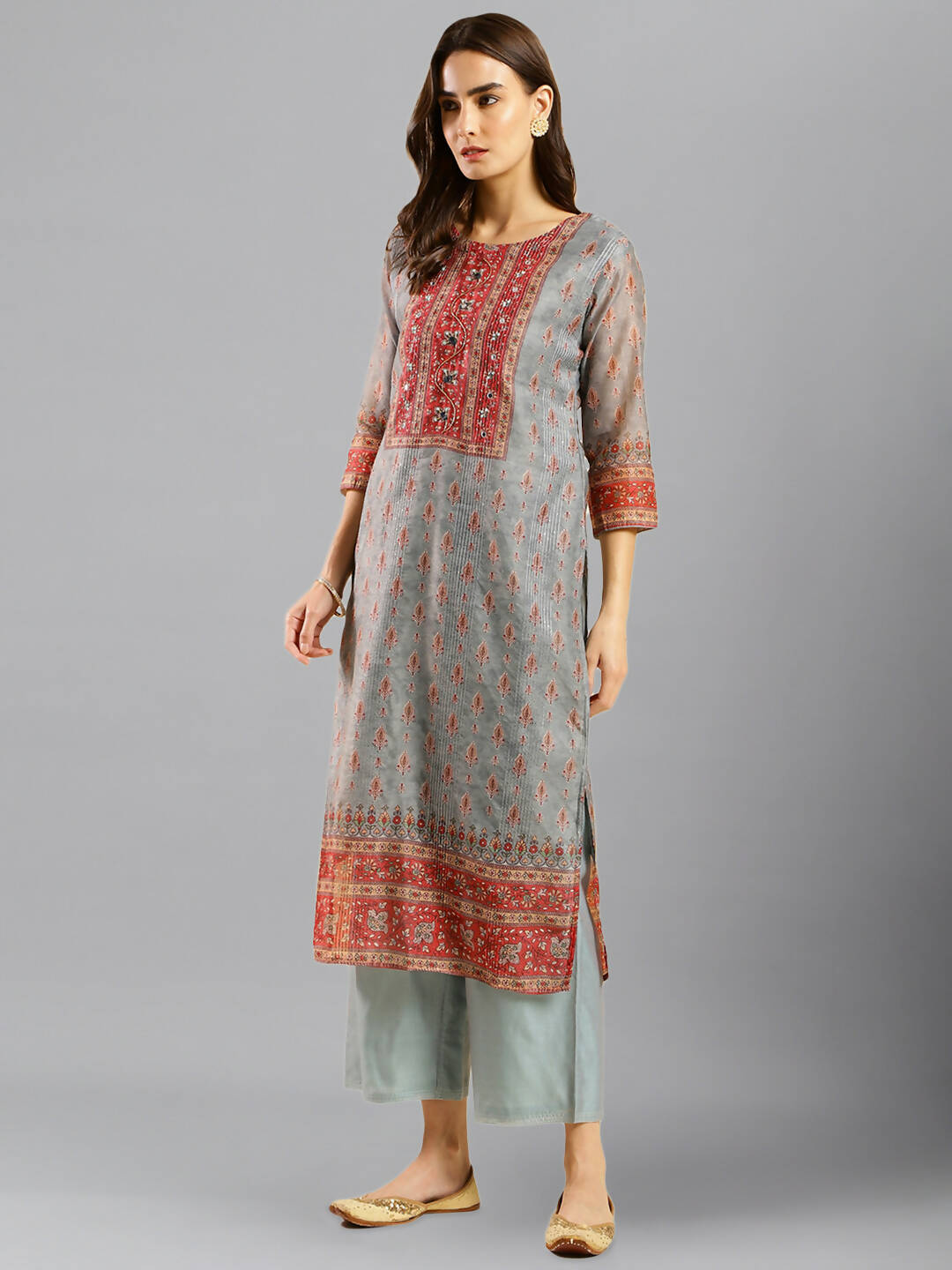 Grey Chinon Digital Printed With Hand Work Kurta - Himanshi - Swadesiicart