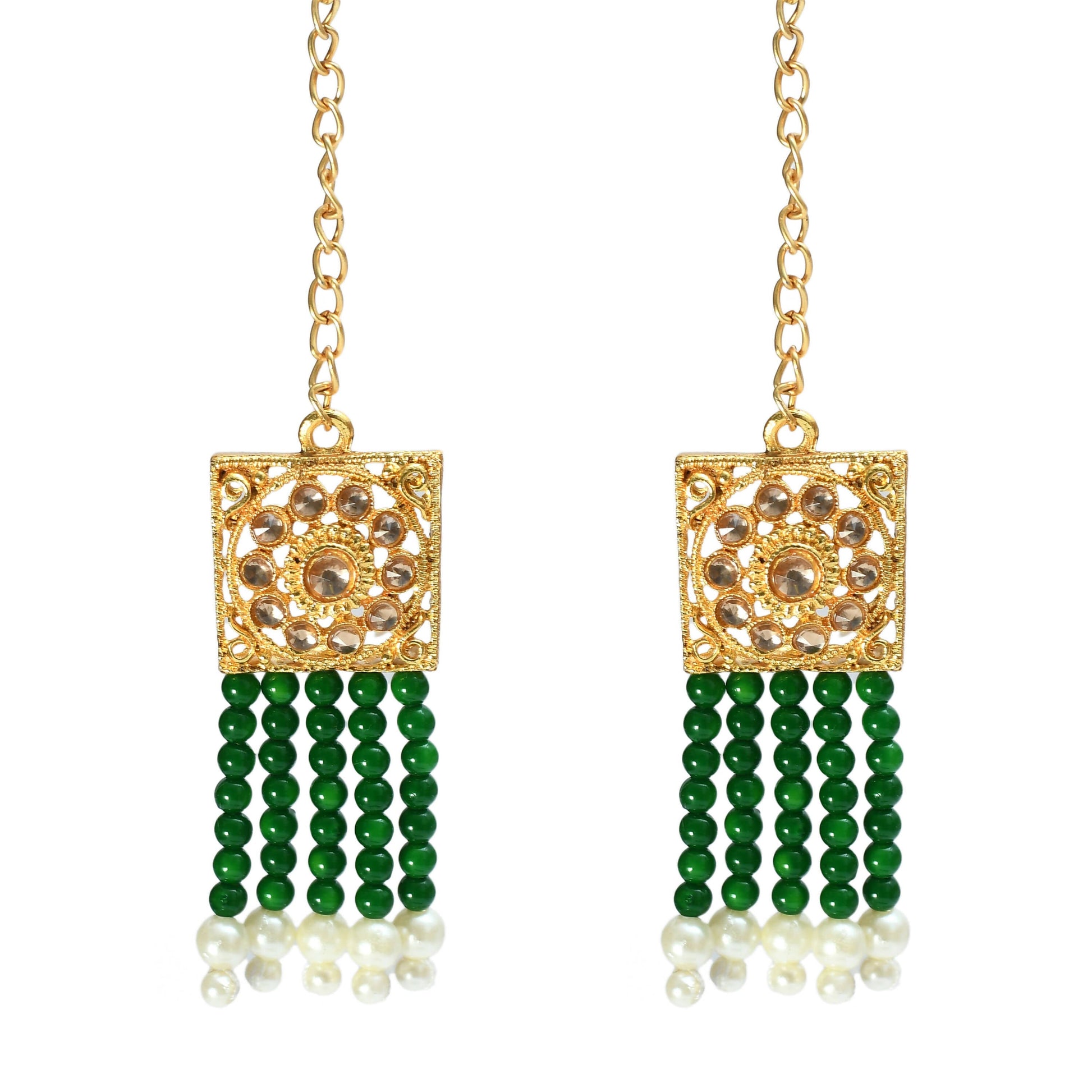 Mominos Fashion Johar Kamal Gold-Polished Kundan & Pearls Necklace Green/Golden Color Choker Set | Swadesiicart