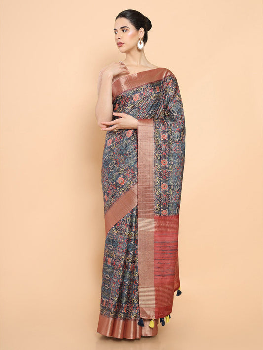 Soch Blue & Pink Floral Zari Silk Blend Ready to Wear Saree | Swadesiicart