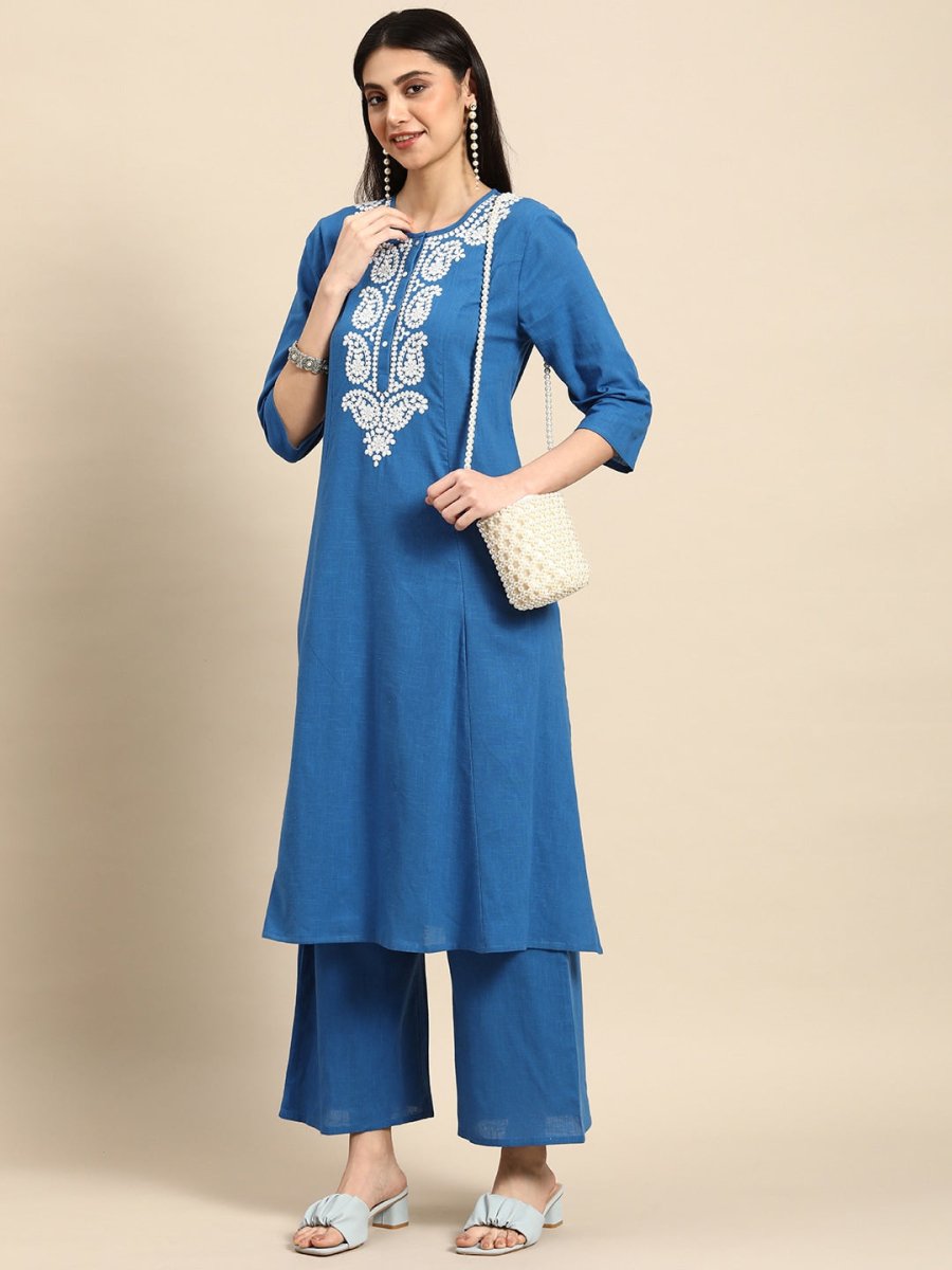 Anouk Women Chikankari Pure Cotton A-Line Kurta with Palazzos | Swadesiicart