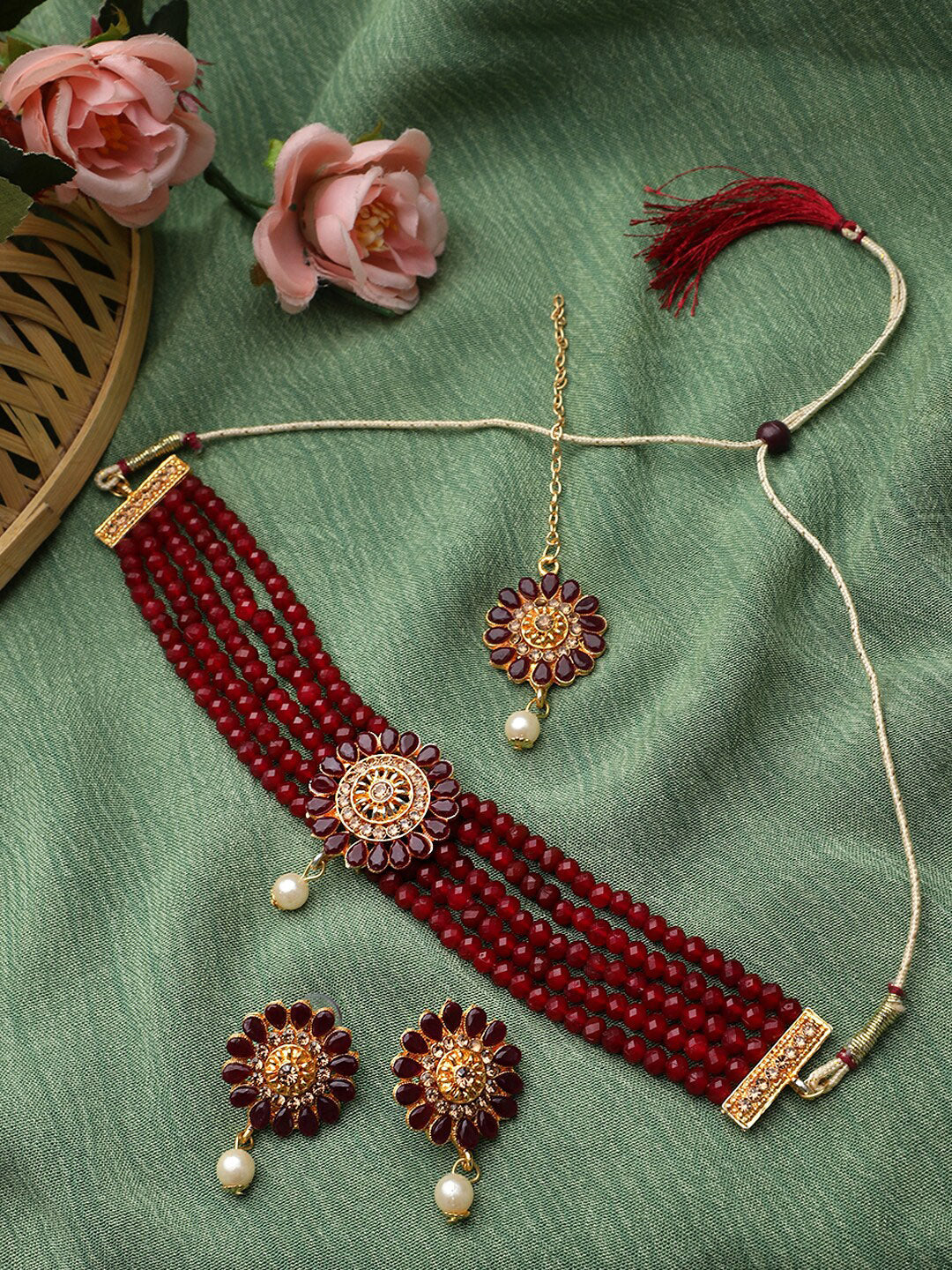 Cardinal Gold-Polished Maroon Onyx-Studded & Beaded Jewellery Set - Swadesiicart