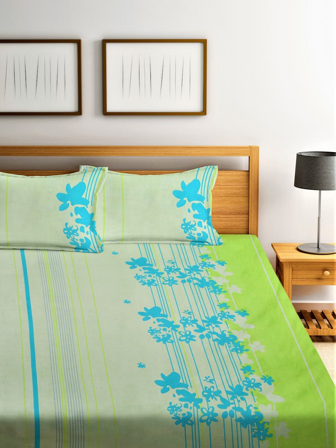 Home Sizzler Green & Blue Floral Cotton 210 TC Queen Bedsheet with 2 Pillow Covers - Swadesiicart