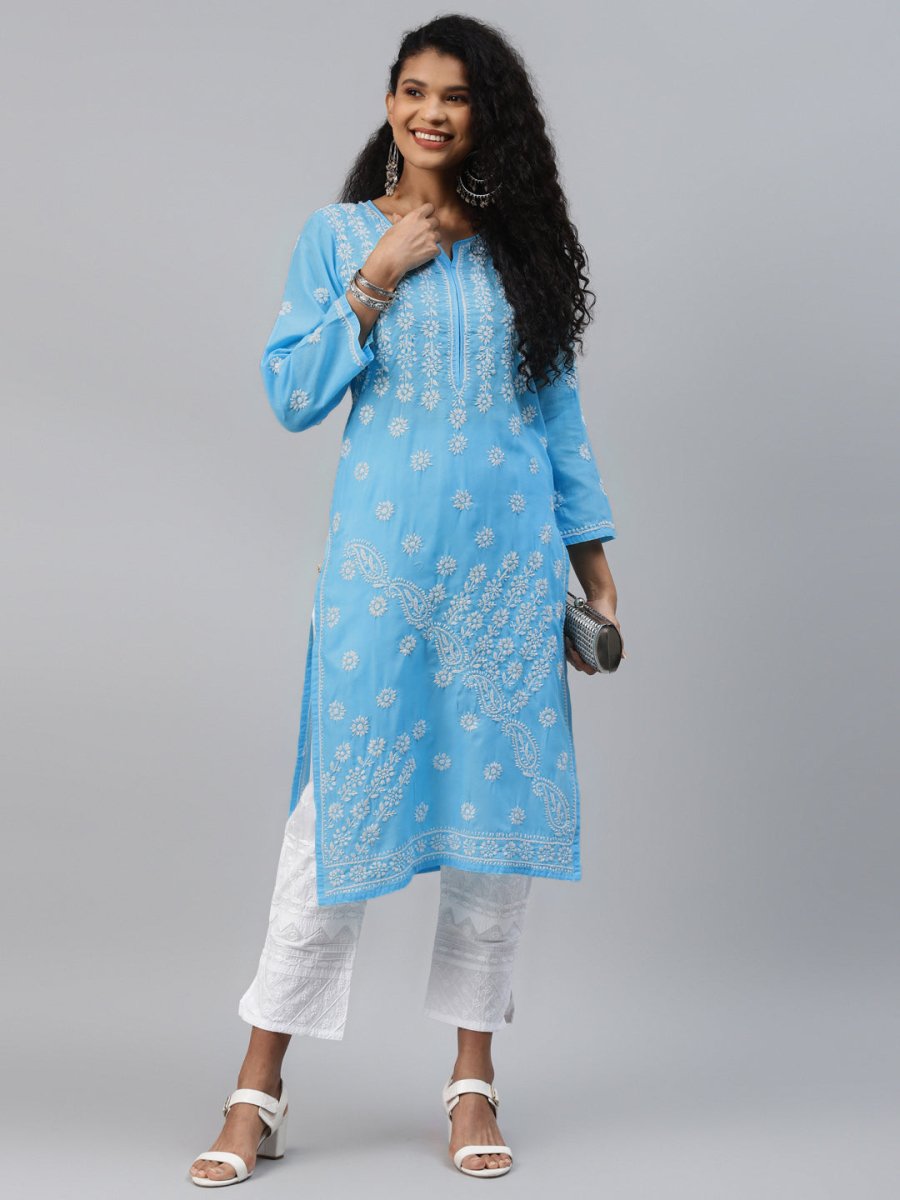 ADA Women Blue & White Ethnic Motifs Hand Embroidered Chikankari Handloom Kurta | Swadesiicart