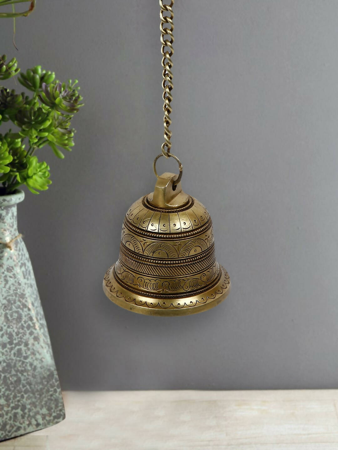 CraftVatika Gold-Toned Brass Hanging Bell with Attached Chain & Hook | Swadesiicart