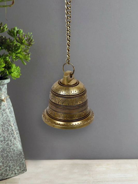 CraftVatika Gold-Toned Brass Hanging Bell with Attached Chain & Hook | Swadesiicart