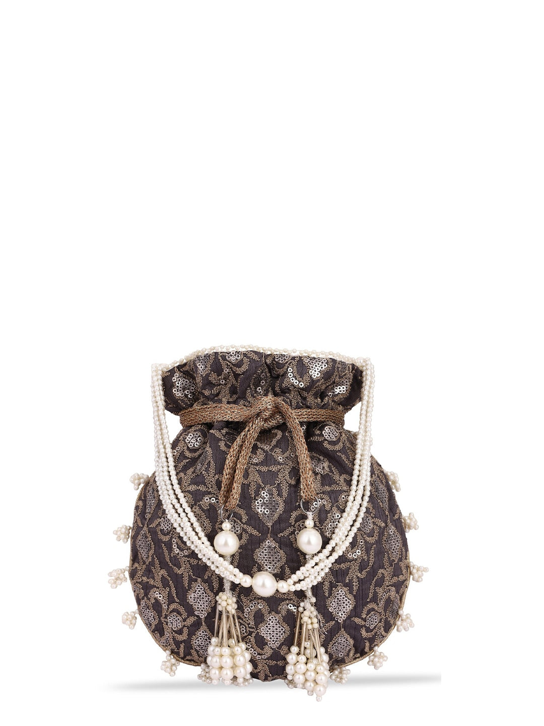 Masq Black & White Pearl & Sequinned Work Embellished Potli Clutch - Swadesiicart