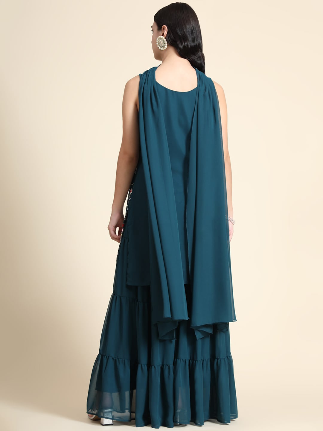 Kalini Women Teal Floral Embroidered Kurta with Sharara & Dupatta | Swadesiicart
