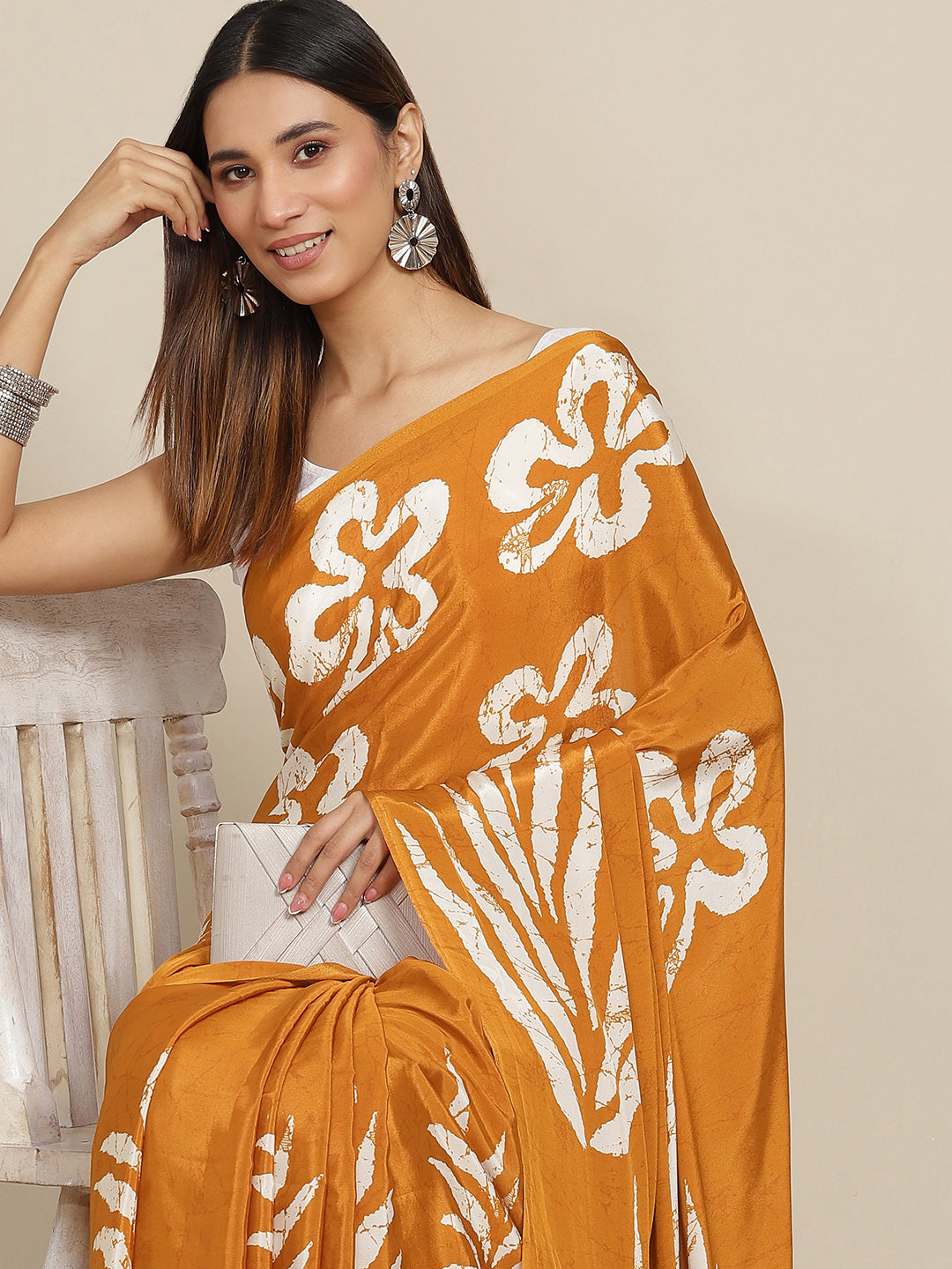 Tikhi Imli Mustard & White Floral Print Satin Saree | Swadesiicart