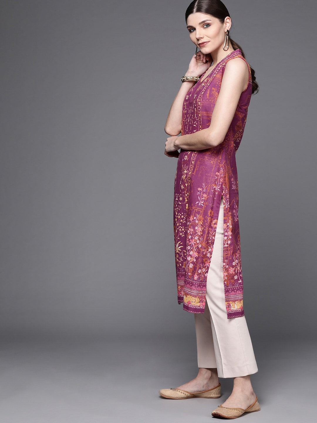 Biba Women Purple & Brown Pure Cotton Ethnic Motifs Printed V-Neck Sleeveless Kurta - Swadesiicart