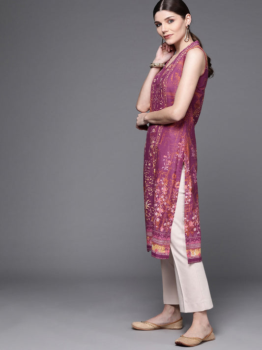 Biba Women Purple & Brown Pure Cotton Ethnic Motifs Printed V-Neck Sleeveless Kurta - Swadesiicart