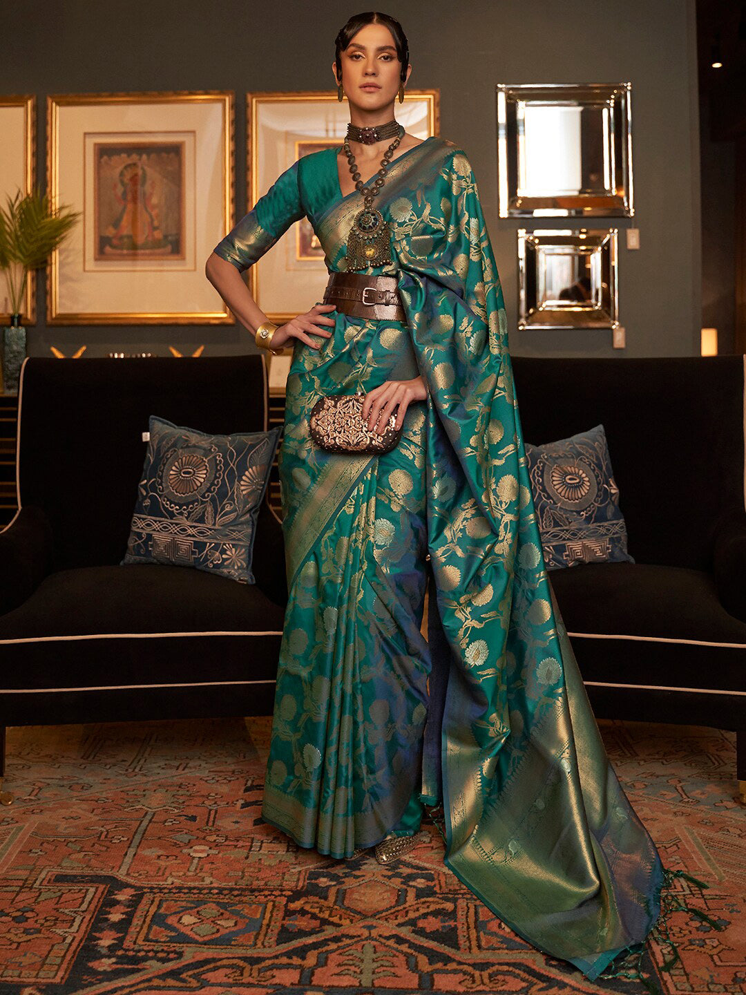 Mitera Teal & Gold-Toned Woven Design Zari Silk Blend Banarasi Saree | Swadesiicart