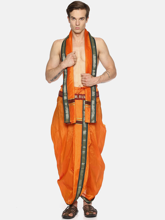 Sethukrishna Men Orange Solid Readymade Dhoti Pants With Angavastram | Swadesiicart